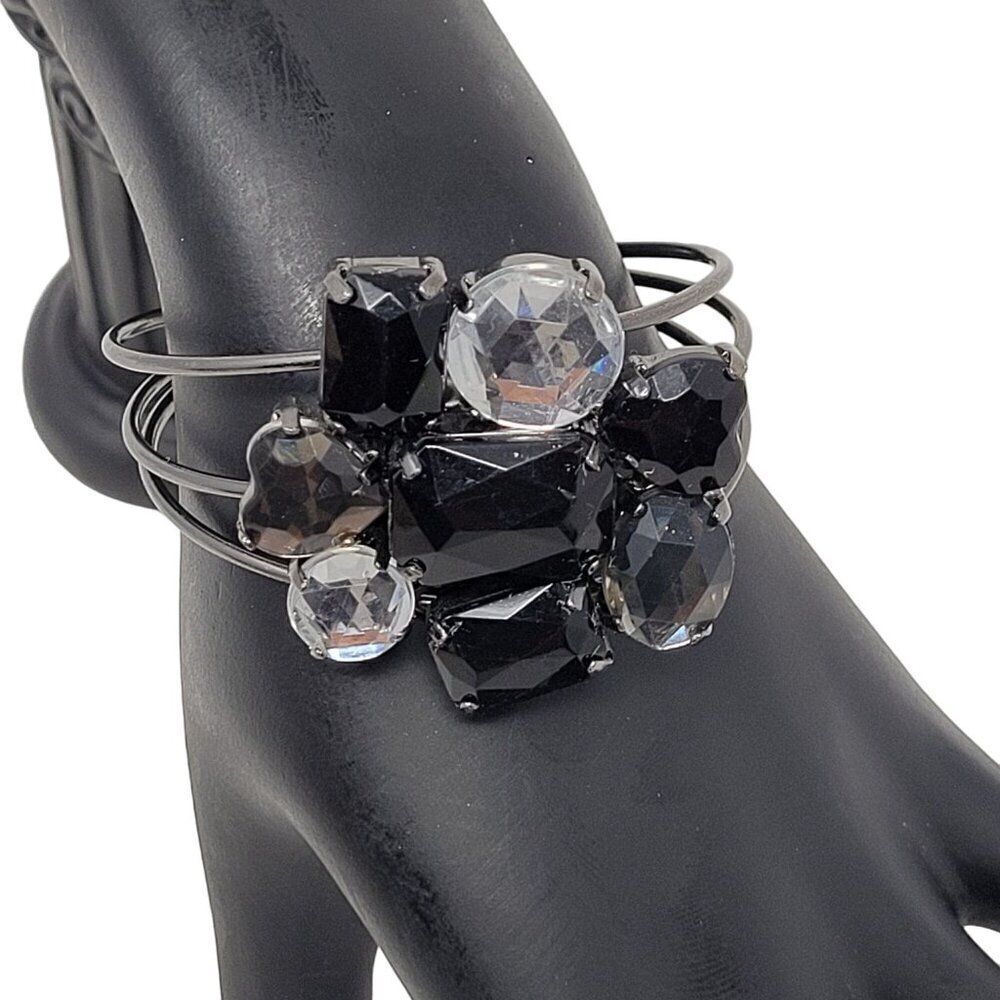 Rhinestone Cluster Wire Cuff‎ Bracelet Flower Black Statement Glam Grunge